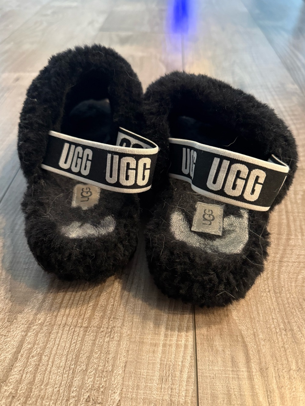 UGG Black Shearling Logo Strap Slides Size 8